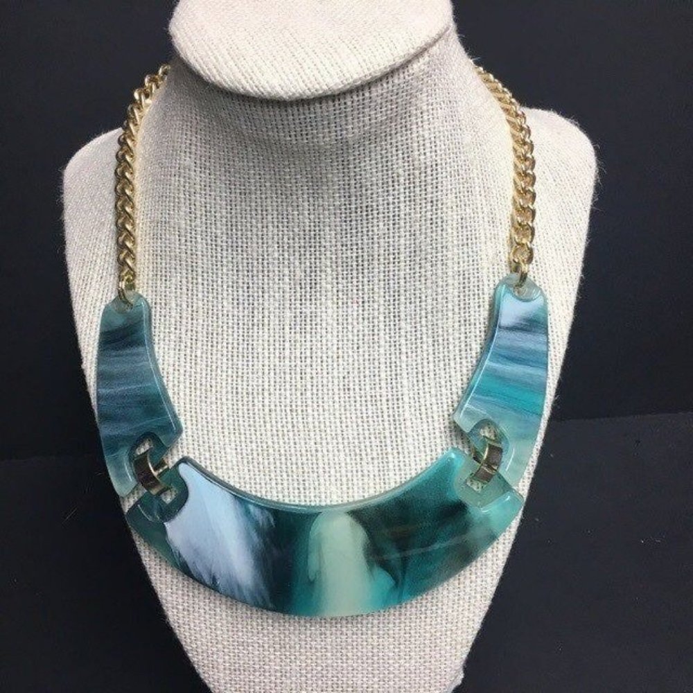 NY Statement Bib Necklace Turquoise Blue White Marbled Gold Chain Retro Acrylic